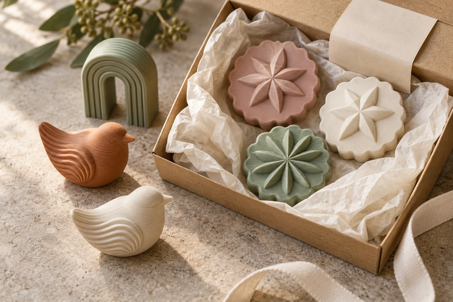 Small decorative favours arranged in and around a kraft box.