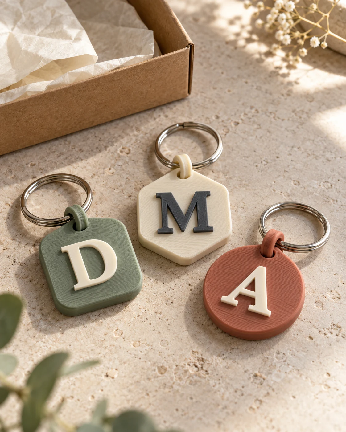 Personalised keyrings with D, M and A initials.