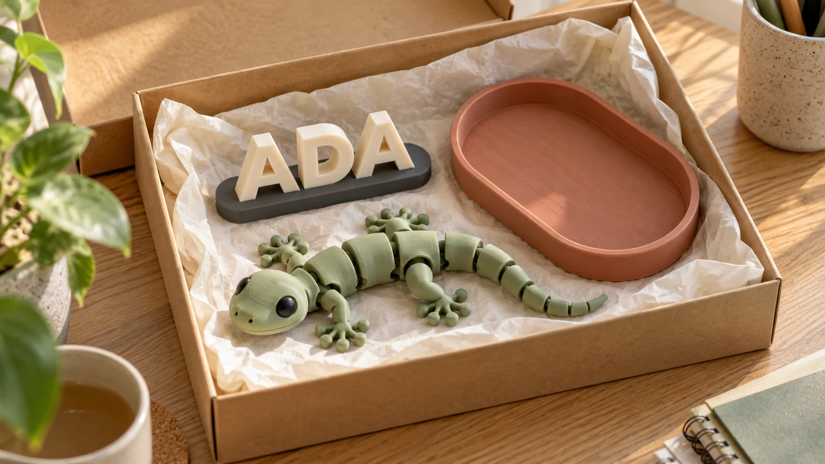 A gift box containing an ADA nameplate and small objects.