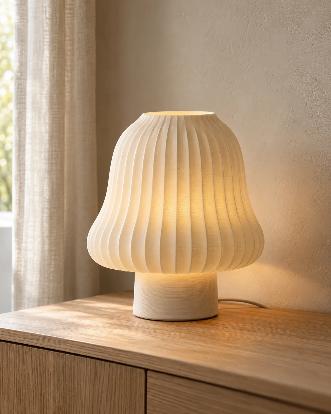 An ivory sculptural lamp glowing warmly on a wooden bedside cabinet.