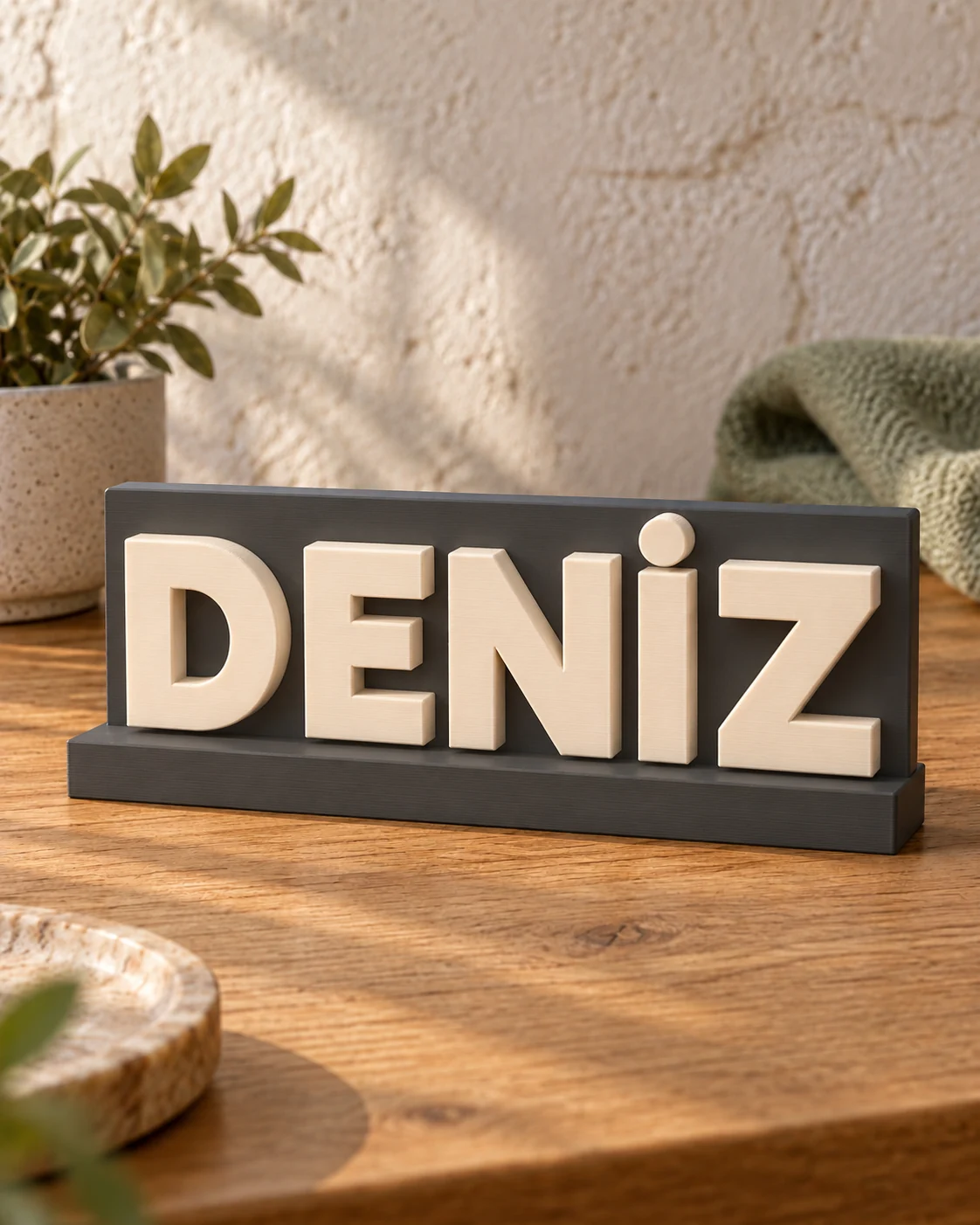 A desk nameplate with raised DENİZ lettering on a supporting plate.