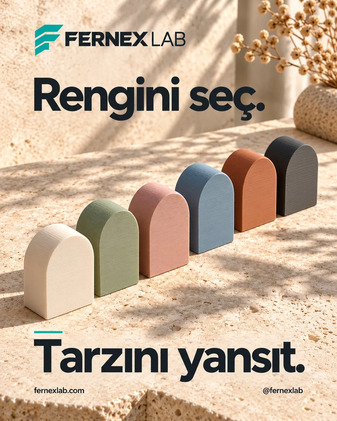 Six arch forms in cream, sage, blush, blue, terracotta and graphite on travertine; Turkish headline “Pick your colour, show your style”.
