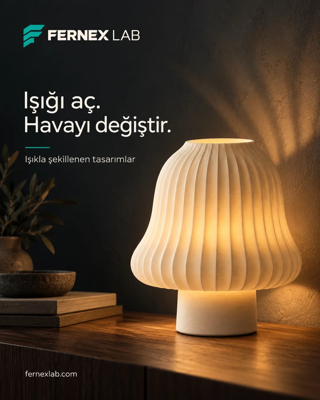 A warm fluted table lamp on a wooden console; Turkish headline “Turn on the light, change the mood”.