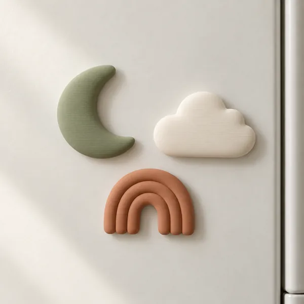 Sage moon, ivory cloud and terracotta rainbow magnets on a refrigerator door.