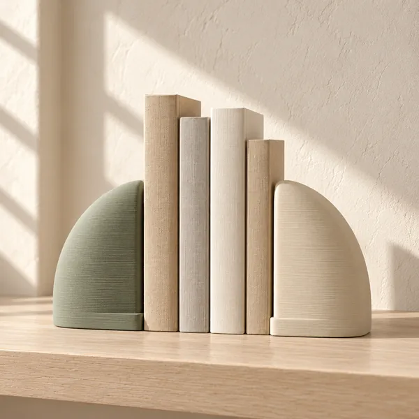 Sage and ivory sculptural bookends supporting four books.