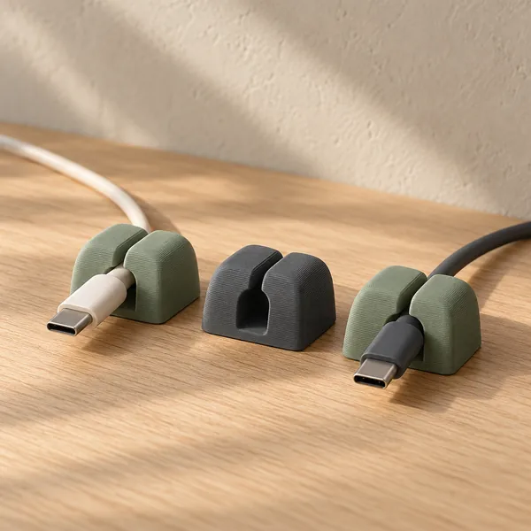 Three sage and graphite cable clips on a wooden desk, two holding cable ends.
