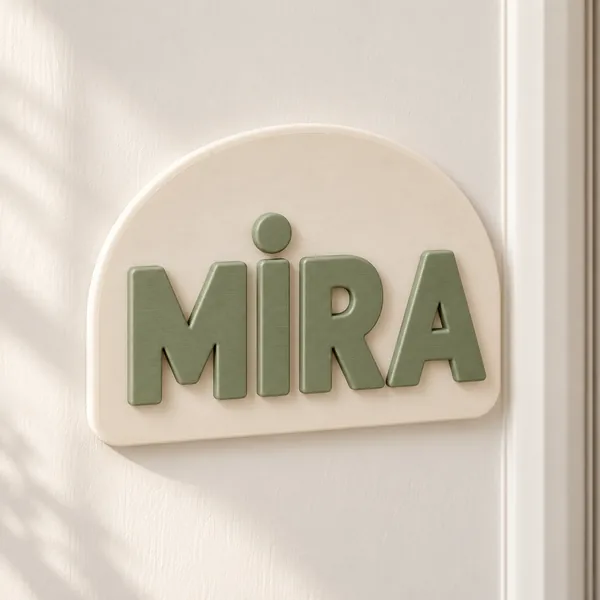 Raised sage MİRA letters on an ivory arched plaque mounted on a light-coloured door.