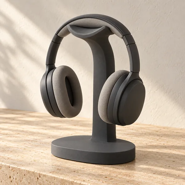 A graphite desktop stand with a broad base supporting dark over-ear headphones.