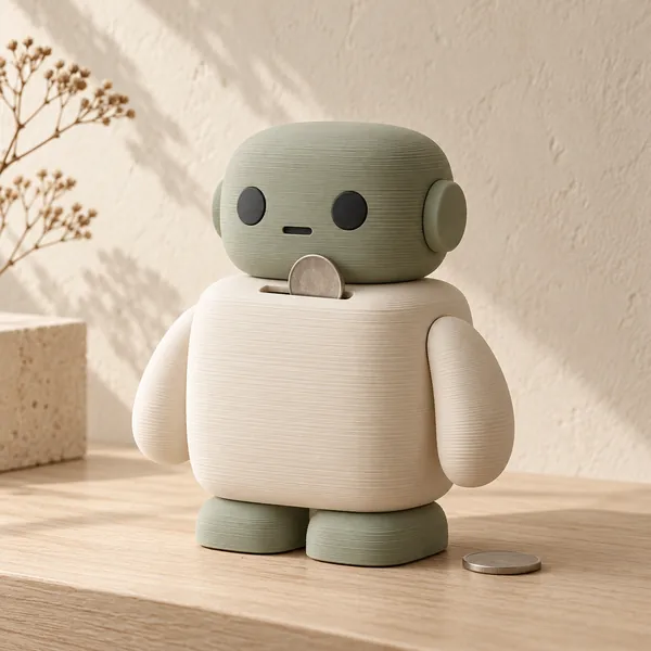 Ahşap masada para yuvasına bir madeni para yerleştirilmiş krem ve adaçayı robot kumbara.