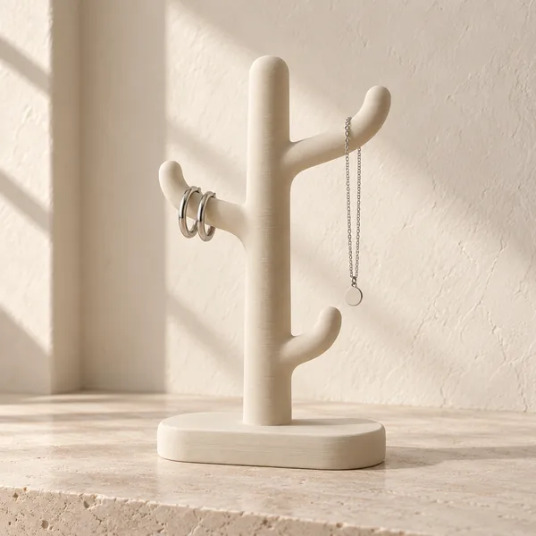 Hoop earrings and a fine necklace hanging from an ivory branch-shaped jewellery stand.