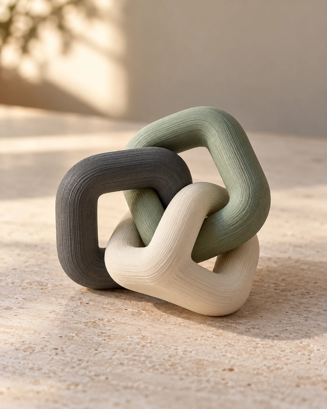 Masa üzerinde iç içe geçmiş yumuşak hatlı 3D baskı objeler.